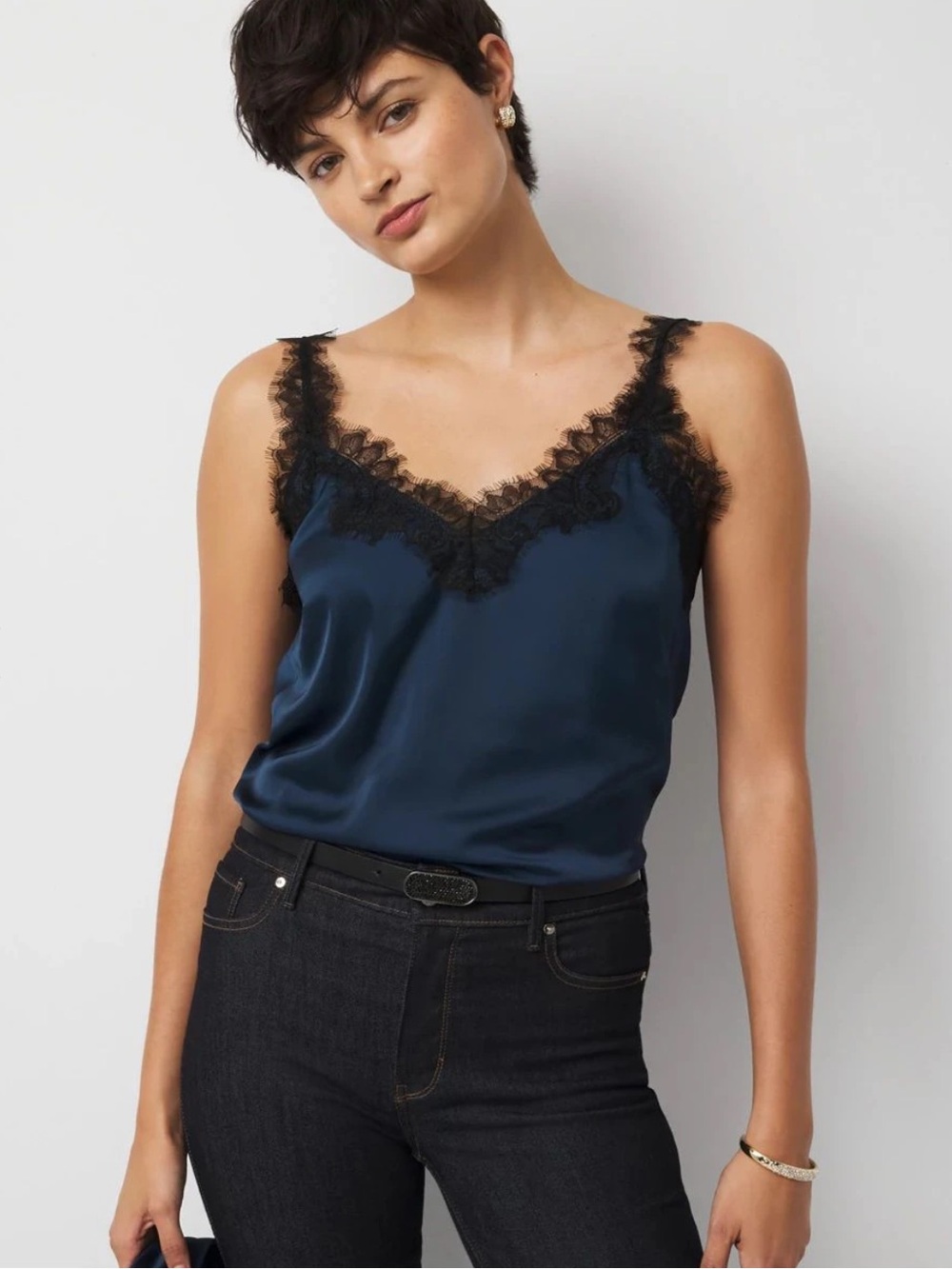 Lace Trim Satin Cami Tank Top - Navy
